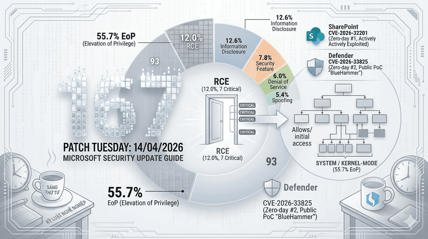 Microsoft Security Update Guide: 167 lỗ hổng , 2 Zero-day 14/04/2026 
