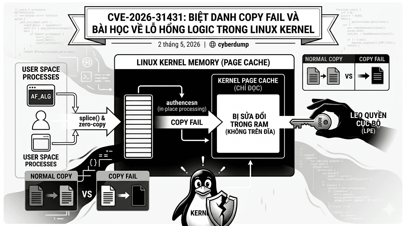 CVE-2026-31431: Biệt danh copy fail và một bài học về lỗ hổng logic trong Linux kernel