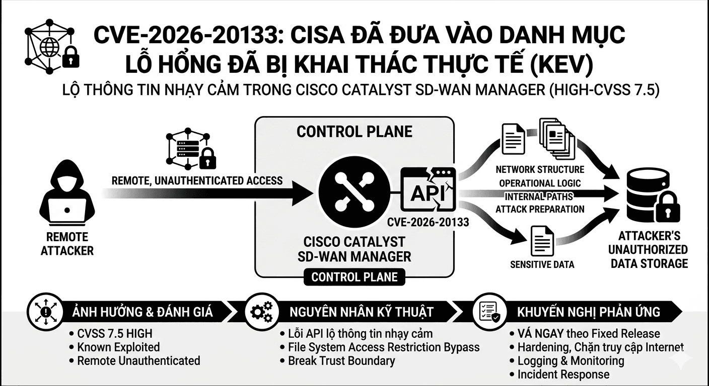 CISA đưa lỗ hổng Cisco SD WAN Manager vào KEV và bài học về bảo vệ tầng quản trị mạng